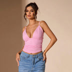 Women's Pink V Neck Fit Short Spaghetti Strap Vest Inner Match