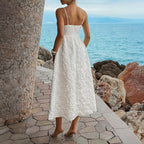 White casual summer dress with spaghetti straps, open back, midi length, back view