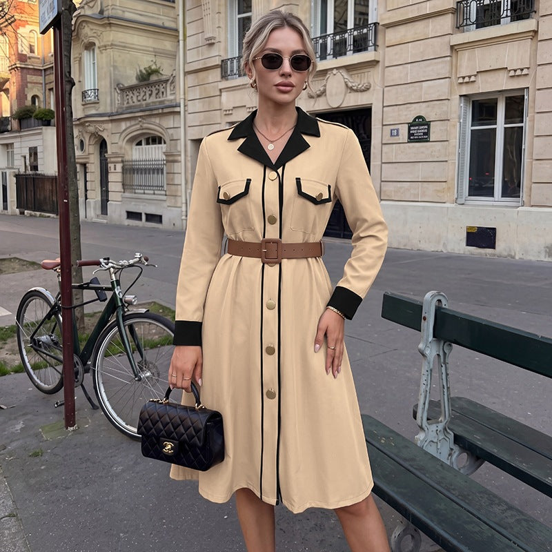 Color Matching Blazers Dress Autumn Winter Mid Length Dress With Belt French Office Long-Sleeve Dress