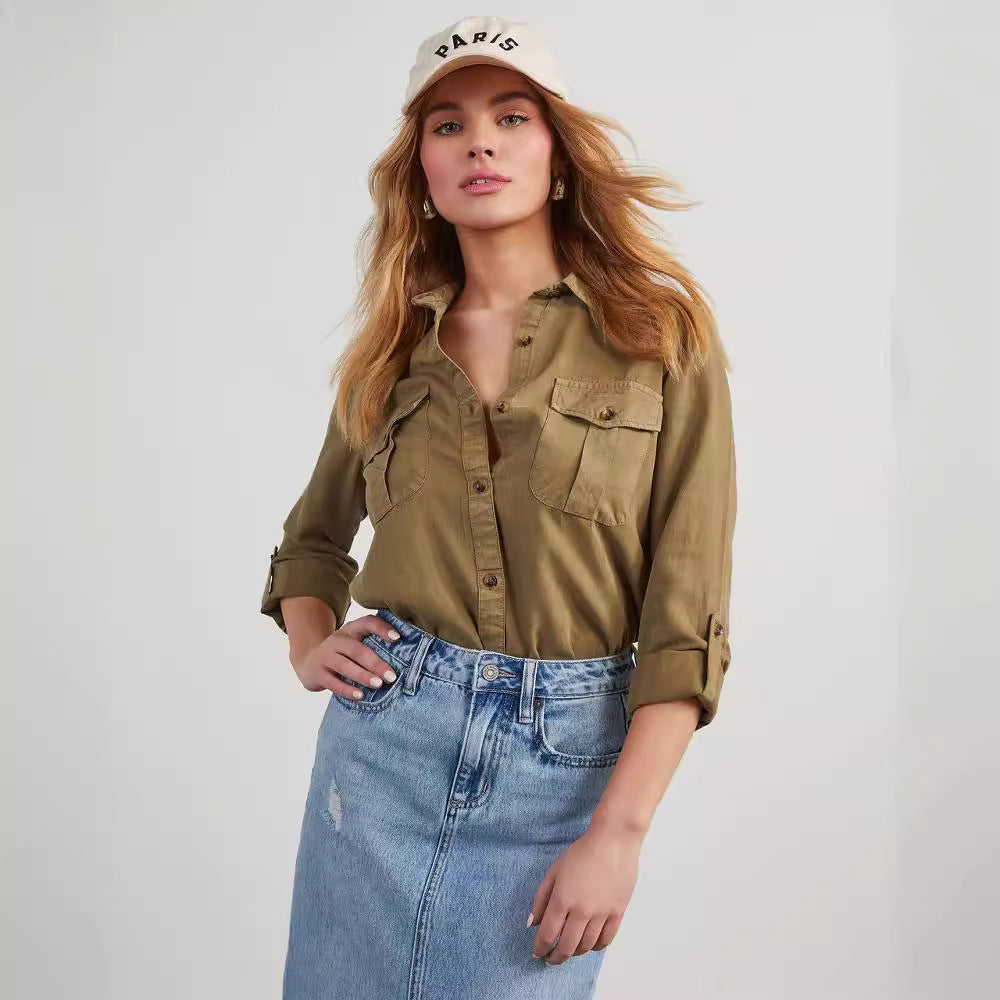 Women's Denim Shirt Collared Single Breasted Long Sleeve Denim