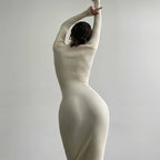 High Collar Midi Sunken Stripe Knitted Dress Solid Color Wool Tight