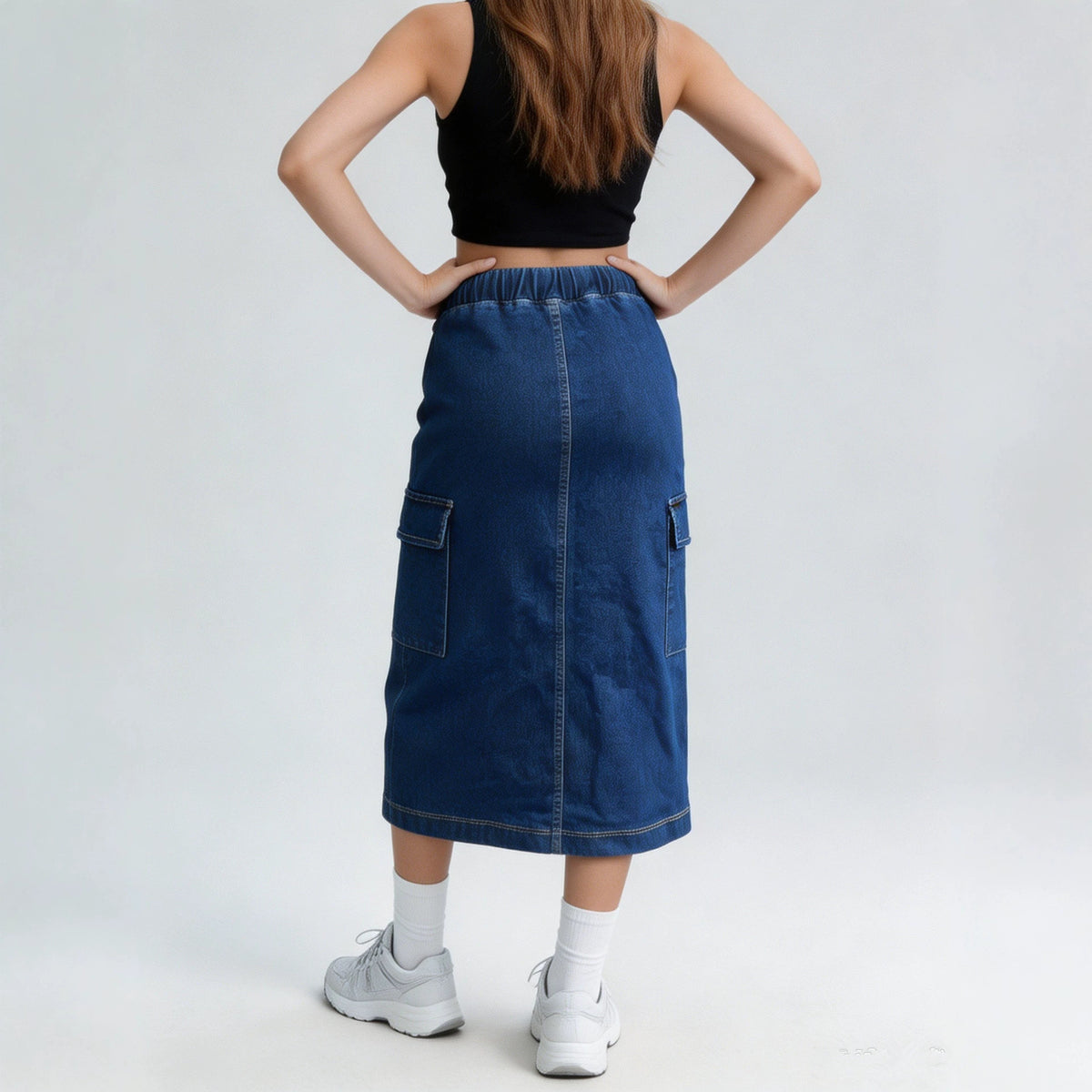 High-Waist Midi Denim Skirt