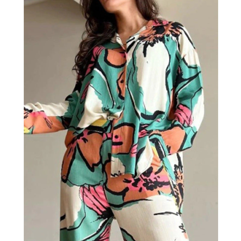 Women's Elegant Women's Printed Office Shirt High Waist Wide Leg Pants