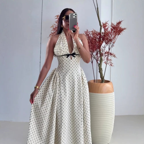 Women Wear Design Polka Dot V neck Bow Tie Waist Dress Maxi Dress for Women