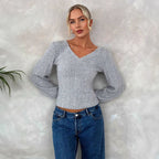 Women's Rear Large V Neck Bottoming Lantern Sleeve Slim T-Shirt