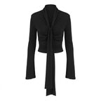 Sexy Low Cut Knitted T shirt Women Autumn Cross Tied Long
