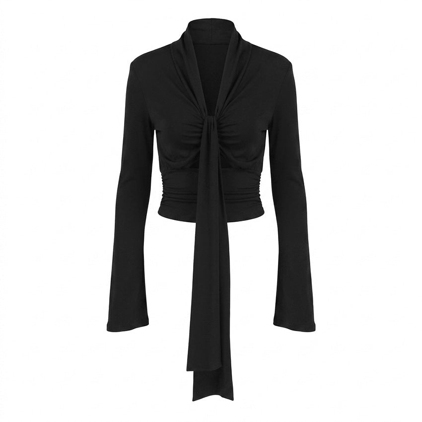 Sexy Low Cut Knitted T shirt Women Autumn Cross Tied Long