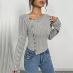 Women's Elegant Asymmetric Button Long Sleeve Top