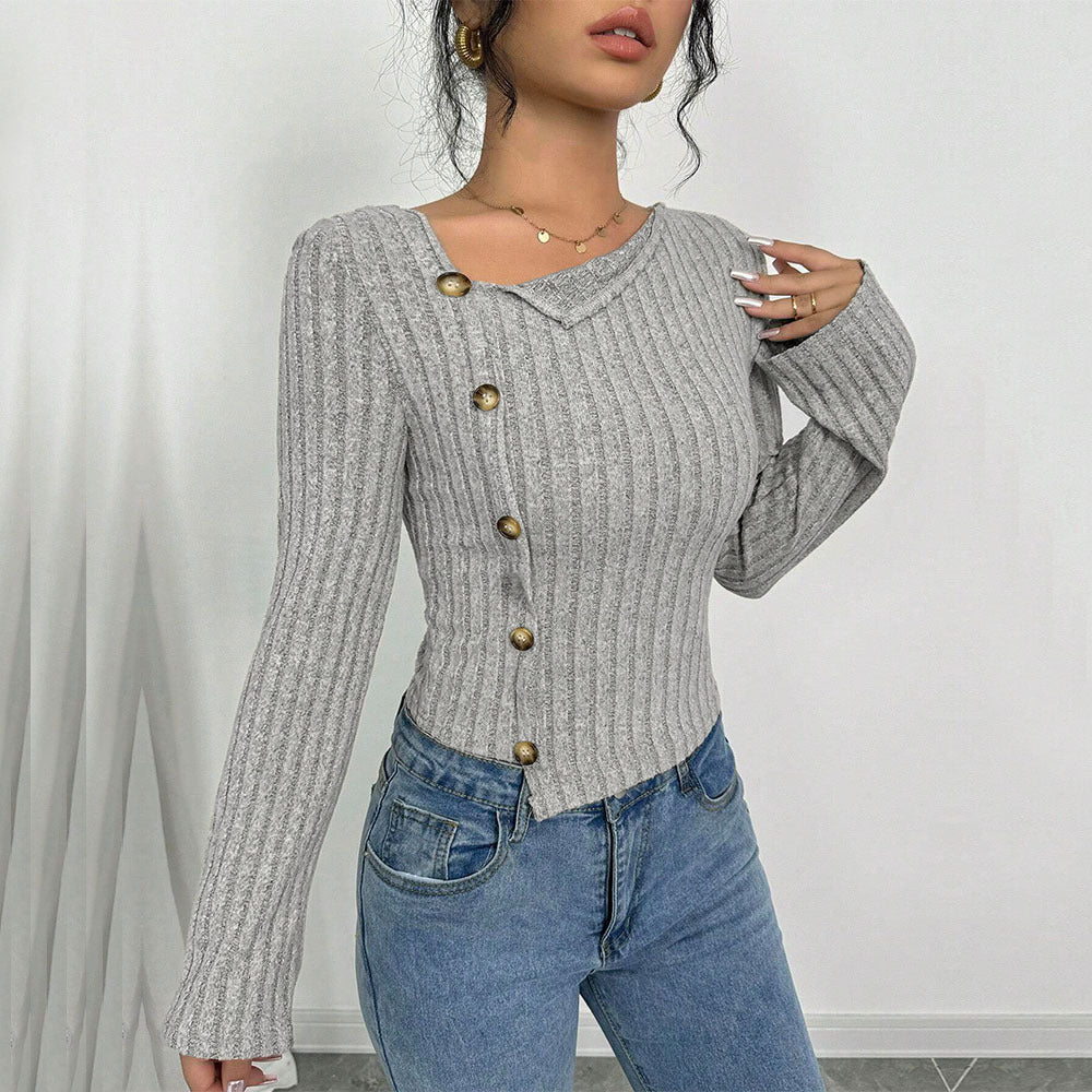 Women's Elegant Asymmetric Button Long Sleeve Top