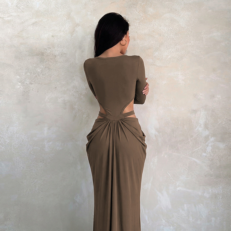 Waist Hollowed Evening Dress Slim Fit Slimming Long Sleeves Party Gathering Dress