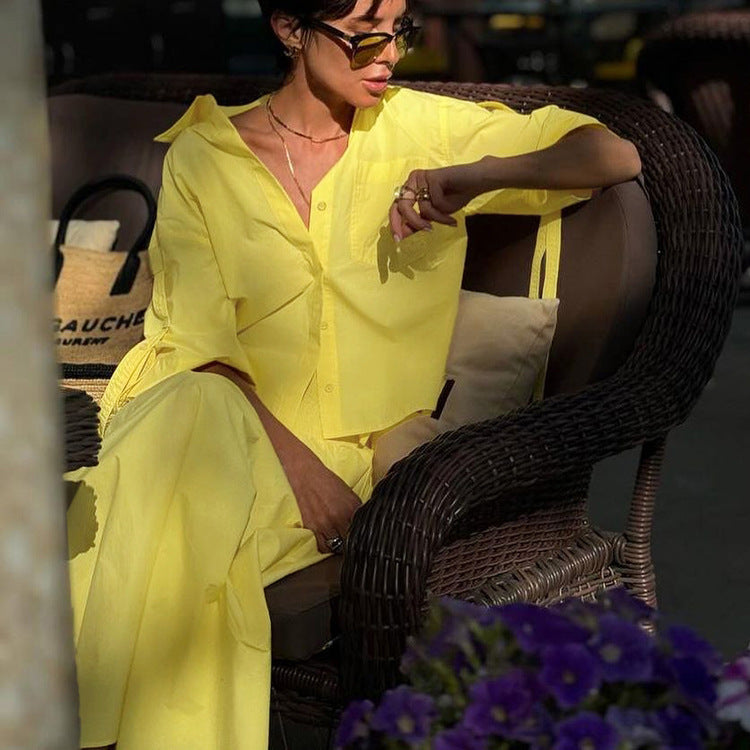 Polo Collar Shirt Yellow Skirt Set Two
