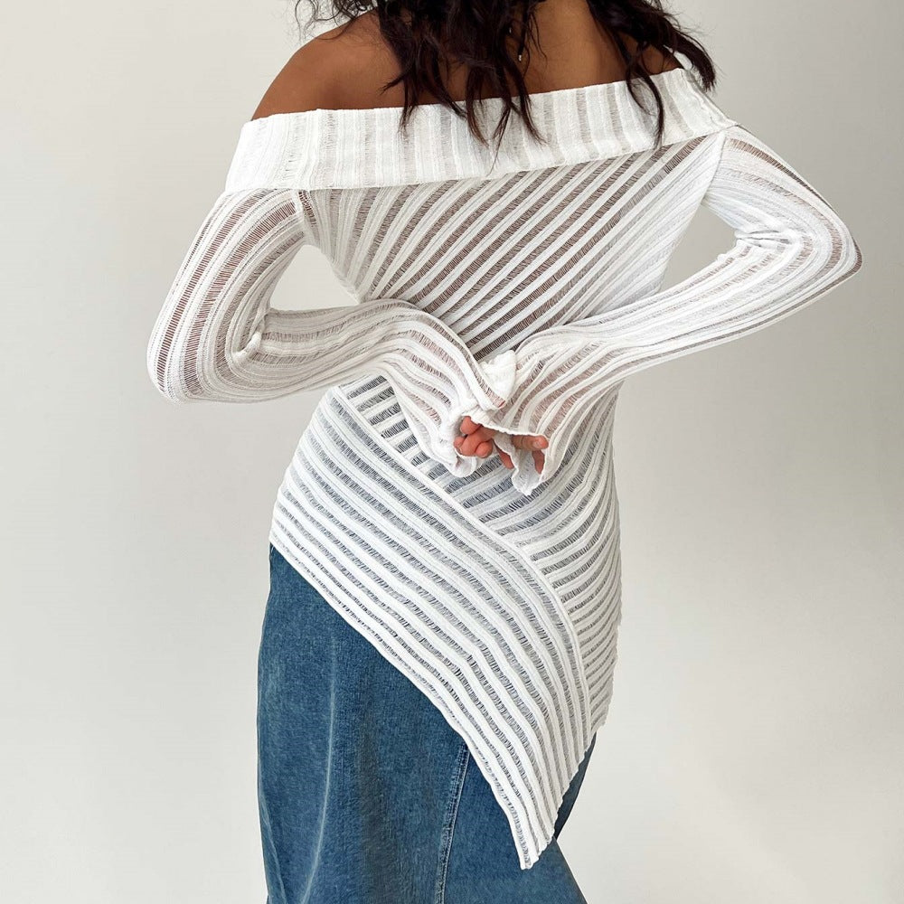 Women's Shoulder Long Sleeve Knitted Woolen Slim Fit Outerwear Top