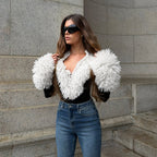 Sexy Fur Collar Stitching Long Sleeve Jumpsuit V neck Sexy Slim Bottoming Jumpsuit