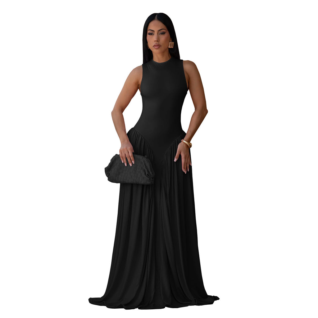Black sleeveless dress with high neck and draped gathered maxi skirt