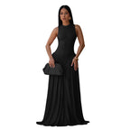 Black sleeveless dress with high neck and draped gathered maxi skirt
