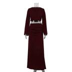 Long Sleeves Cropped Top Satin Draping Skirt