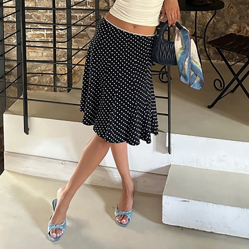 Summer French Mid Length Printed Polka Dot Retro Hip Skirt