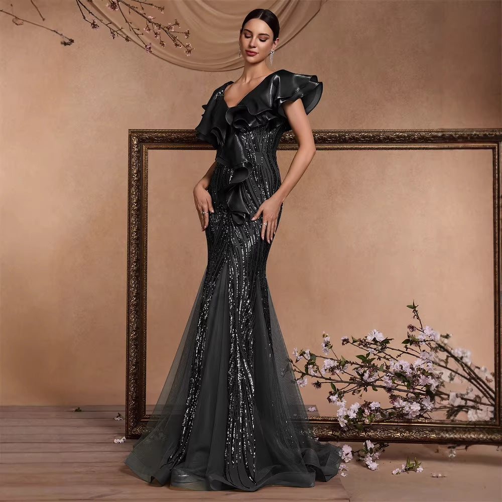 Elegant Ruffle Sleeve Sequin Elegant Cocktail Party Dinner Dress