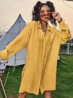 Cotton long one-piece swimwear, yellow button-front tunic dress with long sleeves