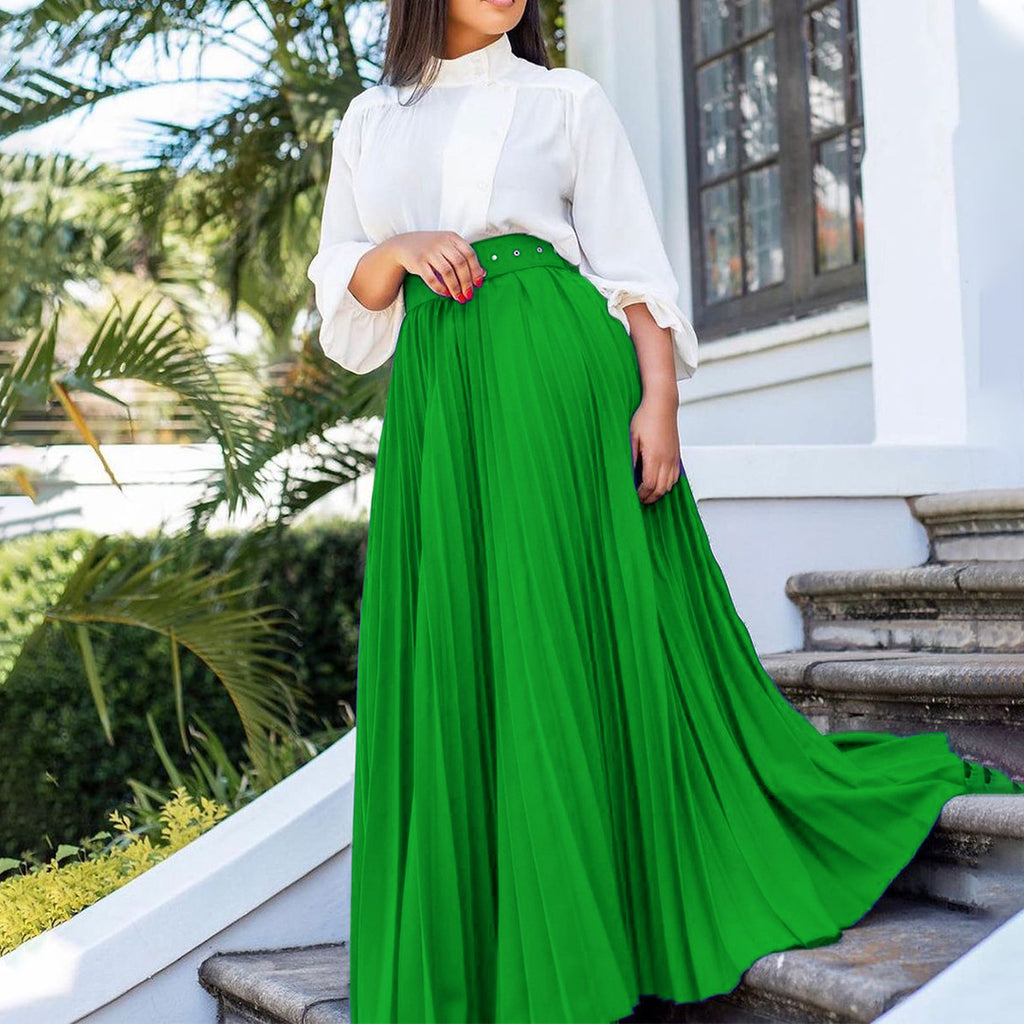 Women's Matching Belt Elegant Pleated Personality Large Skirt