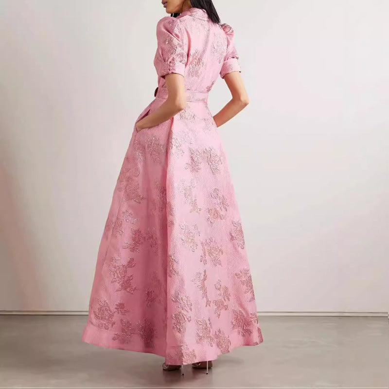 Floral Collared Belted Puff-Sleeve A-Line Maxi Dress