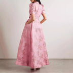 Floral Collared Belted Puff-Sleeve A-Line Maxi Dress