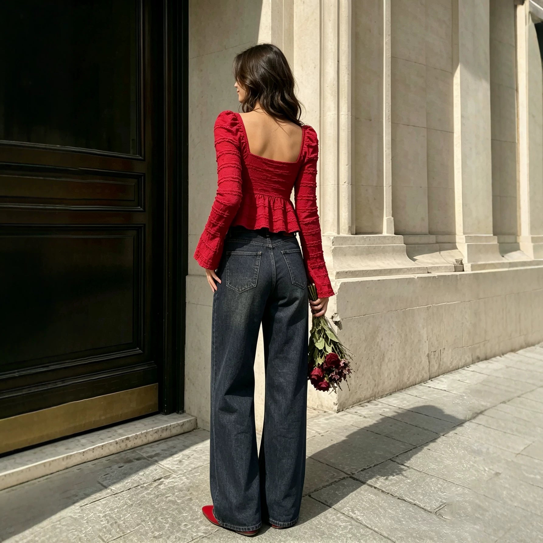 Women's Retro Red Square-Neck Ruffle Top