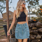 Women's Clothing Summer Washed Tooling Denim Skirt