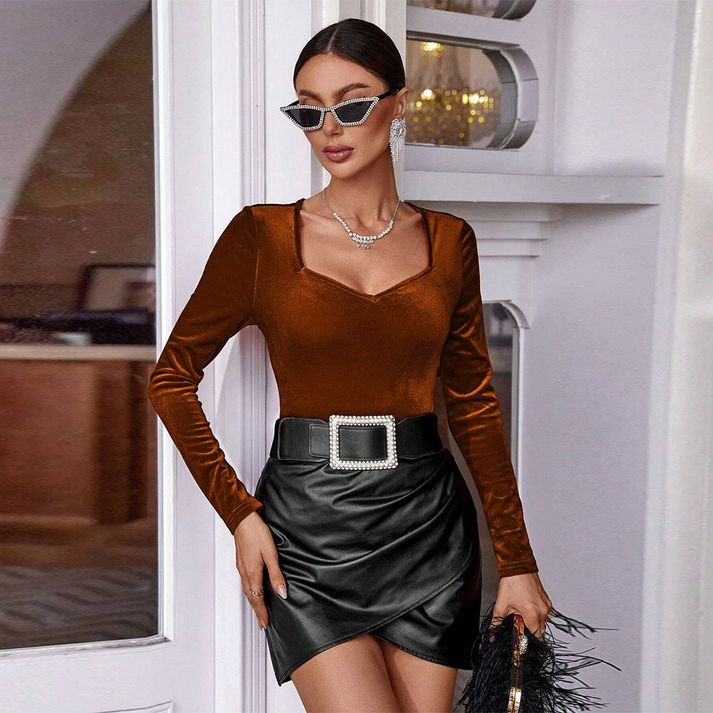 Women's Women's French Elegant Korean Velvet T Shirt Square Collar