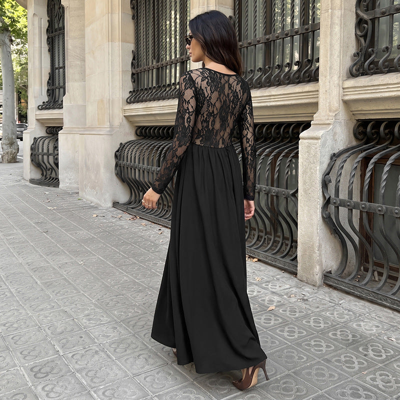 Women's Elegant Lightly Mature Black Square Collar Lace Long Sleeve Dress