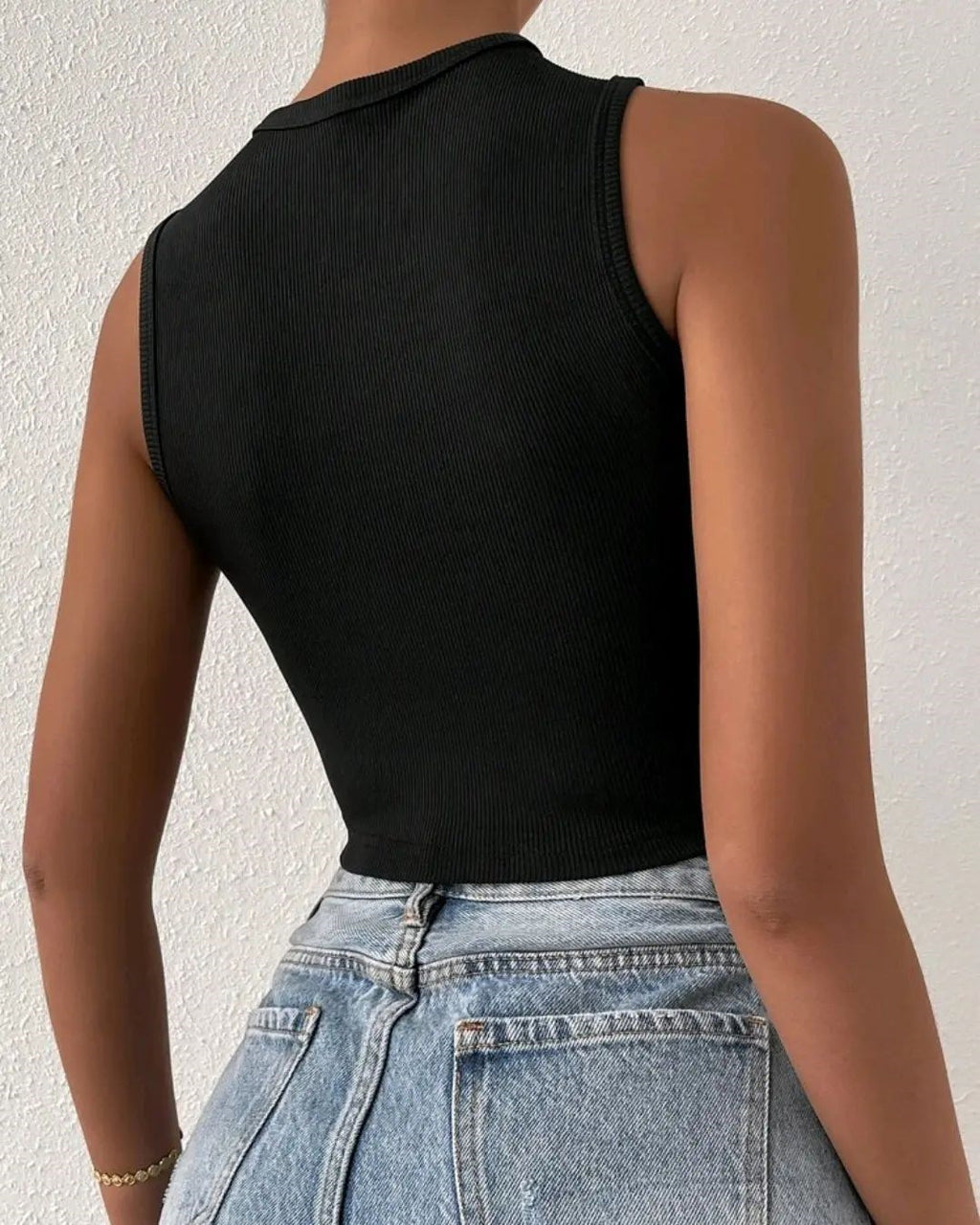 's Rib Cropped Vest Crew Neck Hollow Out Cutout Rhinestone Lace
