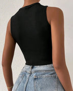 's Rib Cropped Vest Crew Neck Hollow Out Cutout Rhinestone Lace