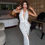 Striped Halter Backless Twist Bodycon Maxi Dress