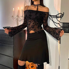 Black Floral Mesh Off-Shoulder Flare Sleeve Top