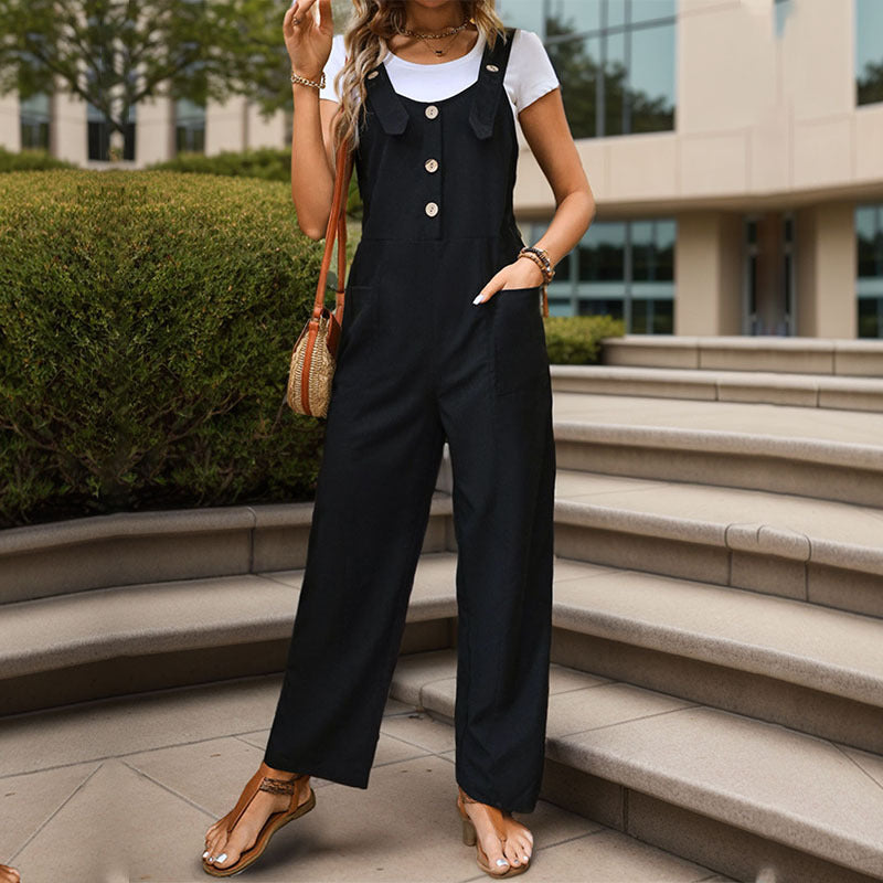 Simple Fastener Decoration Solid Color Suspenders Pants