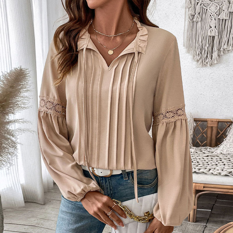 Pleated Tie Front V-Neck Top
