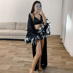 Spring Summer Black Satin Cardigan Lace up Nightgown