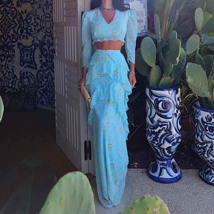 Ruffled Stitching HW Skirt Set Women Summer V neck Long
