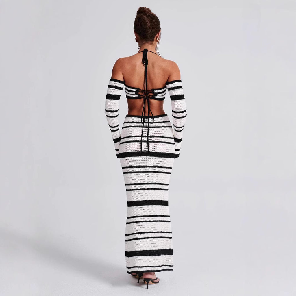 Women's Summer Striped Long Sleeve Halter Top Skirt Two-Piece Set For