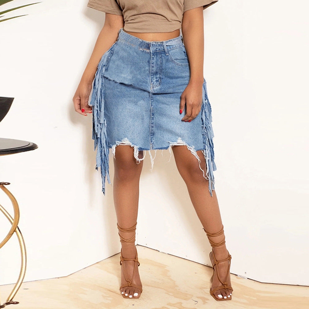 Women's Spring Summer Personalized Denim Washed Tassel Tatted Skirt