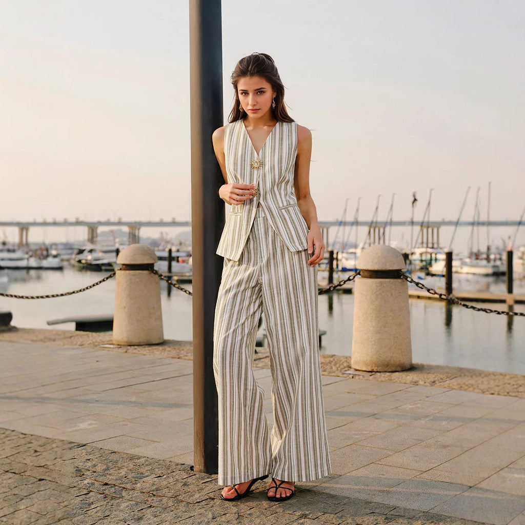 Women Summer Stripes Sleeveless Top Loose Wide Leg Trousers Set Two Piece Sets Elegant Office