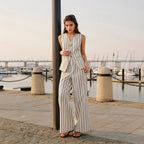 Women Summer Stripes Sleeveless Top Loose Wide Leg Trousers Set Two Piece Sets Elegant Office