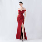 Women's Classic Off Shoulder High Fork Fishtail Satin Evening Dress