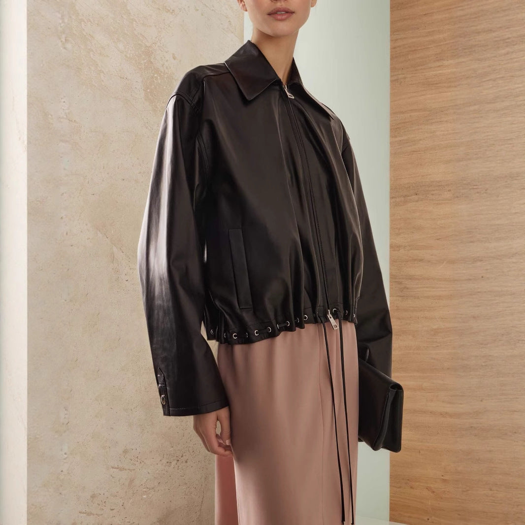 Collared Leather Drawstring Hem Design Short Leather Coat Women Leather Faux Leather Faux Leather