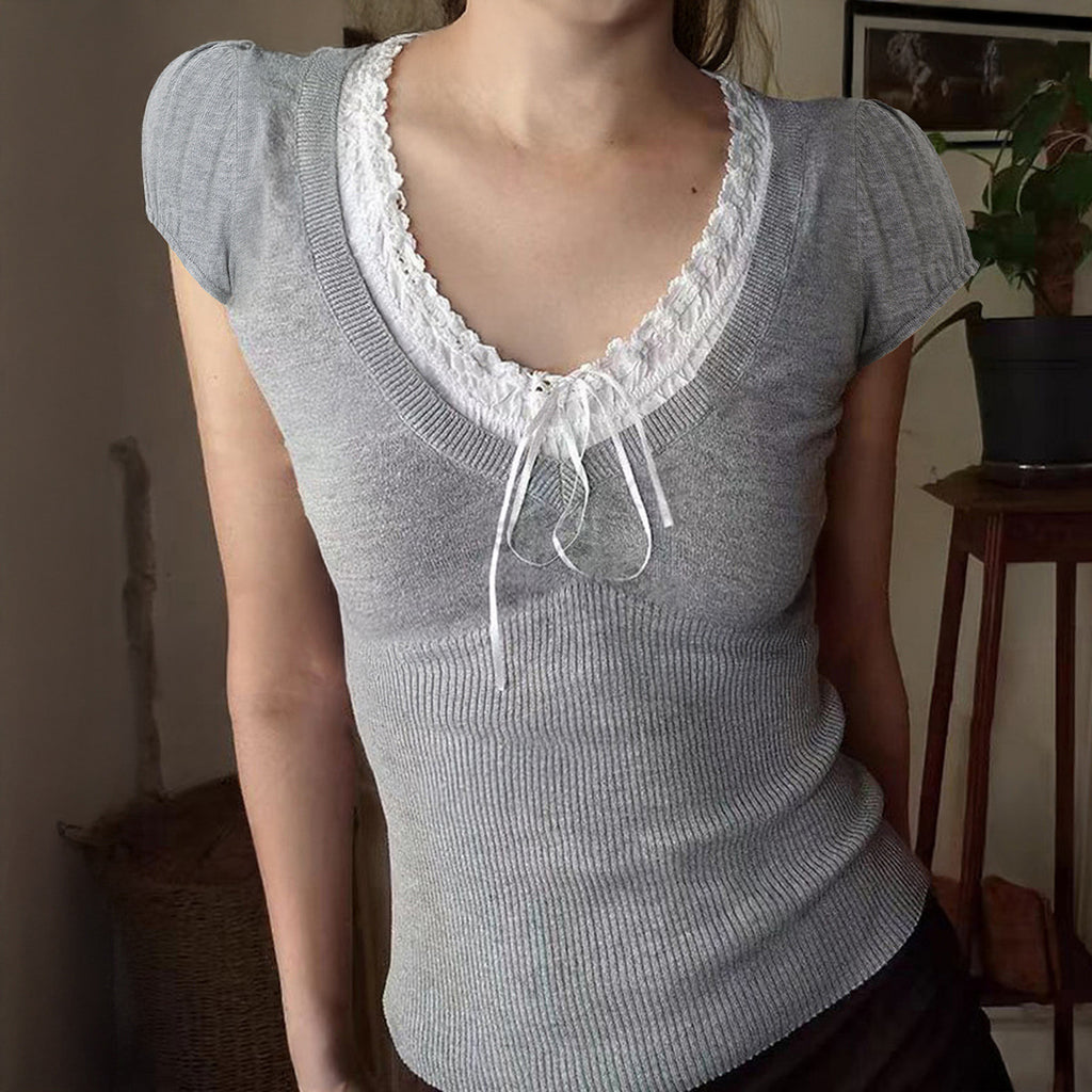Women Clothing Elegant Lace Wool Top Spring Summer