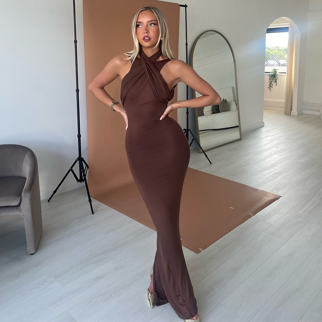 Women's Halter Backless Ruched Split Maxi Dress
