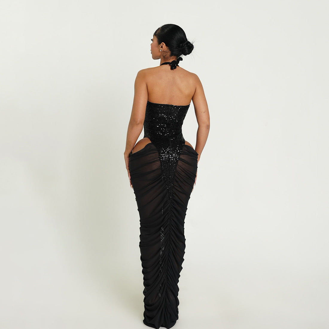 Women's Sequin Mesh Halter Cutout Bodycon Maxi Dress