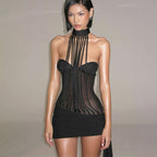 Women's Mesh Halter Backless Sheath Dress