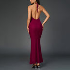 Women's Sequin Mesh Halter Backless Fishtail Maxi Dress