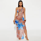 Women's One-Shoulder Mesh Floral Cutout Dress